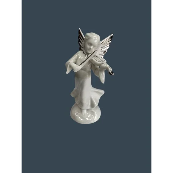 German Dresden Heavenly Band Porcelain Angel Violin Figurine Platinum Trim 5" - Picture 3 of 7